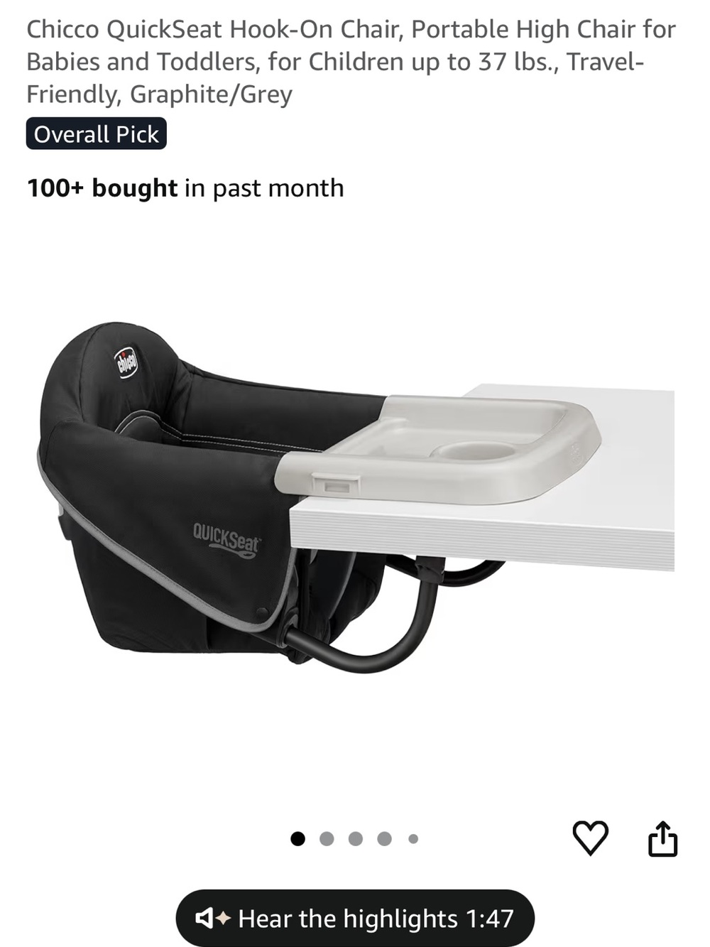 Chicco QuickSeat Hook-On Portable High Chair in Graphite